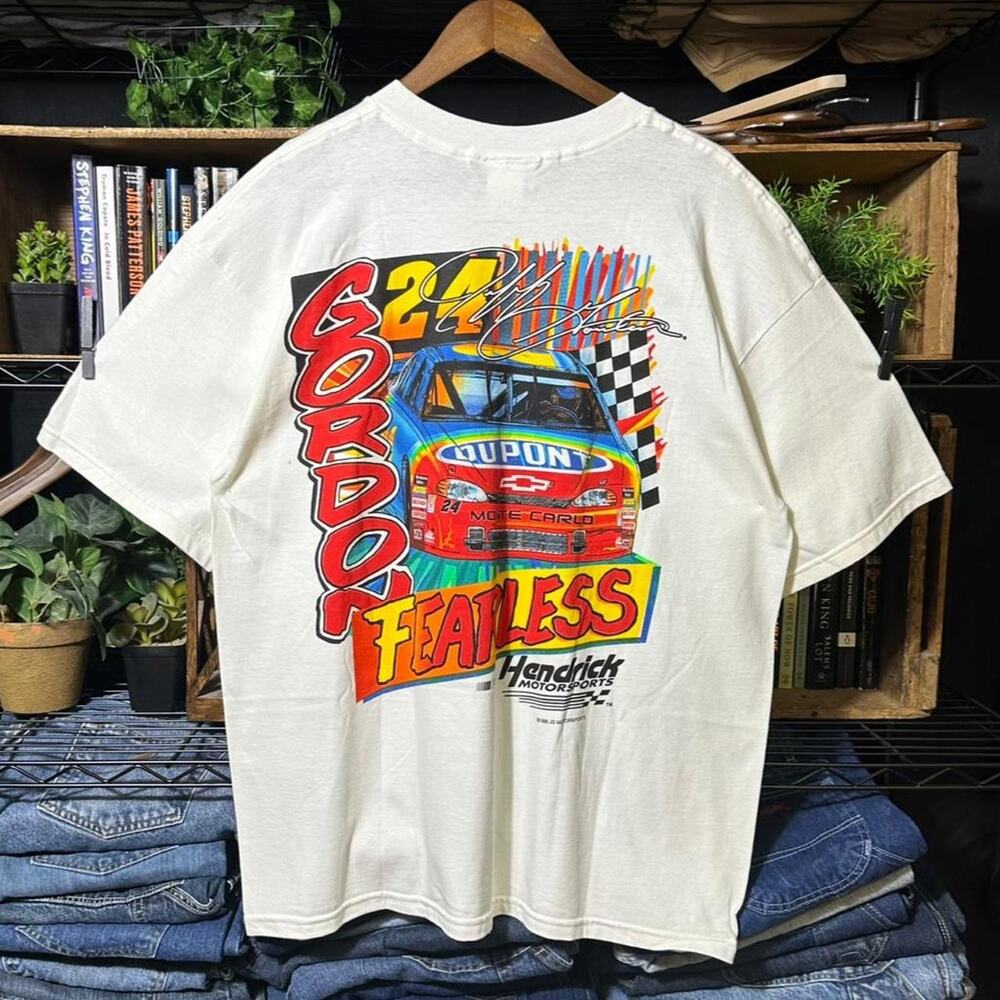 Vintage 90s Jeff Gordon Fearless NASCAR Tee White Monte Carlo Racing Shirt XL